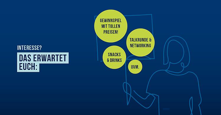 Grafik zum Programm von „Alumni Connect: Back to Eckert“ mit Hinweisen auf Gewinnspiel, Talkrunde und Networking sowie Snacks und Drinks.