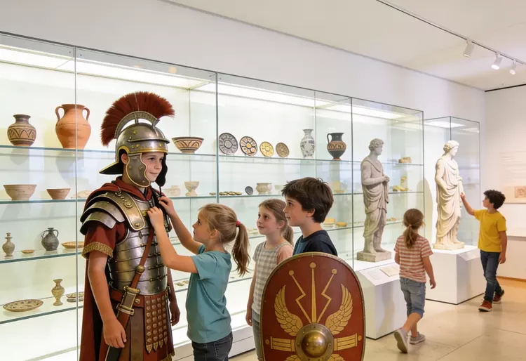 Kinder probieren römische Rüstung in einer Museumsausstellung aus und betrachten Ausstellungsstücke.