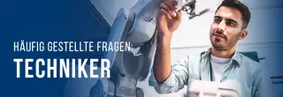 Ein junger Mann arbeitet konzentriert an einem Roboterarm. Der Mann befindet sich in einem Labor. Links im Bild steht der Text: ‚Häufig gestellte Fragen: Techniker‘.“