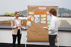 Teilnehmende präsentieren ihre erarbeiteten Inhalte vor der Gruppe im Außenbereich.