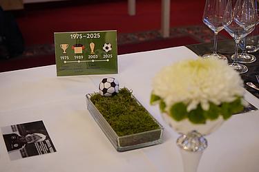 Blumengesteck in einem silbernen Pokal mit weißen und grünen Blüten, daneben ein rechteckiges Gefäß mit Moos, darauf ein kleiner Fußball; im Hintergrund eine grüne Karte mit Jahreszahlen und Pokalsymbolen.