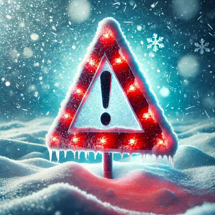 Vereistes rotes Warndreieck mit Ausrufezeichen steht im Schnee, umgeben von Schneefall und winterlicher Kälte.