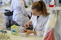 Angehende Lebensmittelverarbeitungstechnikerinnen und -techniker führen im Labor praktische Übungen zur mikrobiologischen Untersuchung von Lebensmitteln durch.