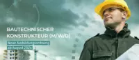 Mann mit gelbem Bauhelm und Bauplänen vor einer Baustelle. Im Bild steht „Bautechnischer Konstrukteur (m/w/d)“ sowie der Hinweis auf die neue Ausbildungsordnung ab August 2026.