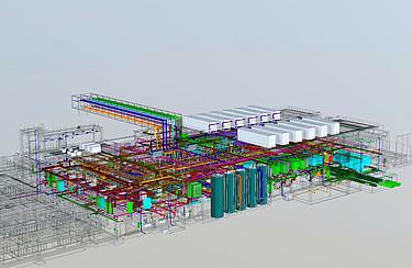 Digitale Planung in der Gebäudetechnik 3D-Modell einer technischen Anlage mit bunten Rohrleitungen, Tanks und Leitungen auf grauem Hintergrund.