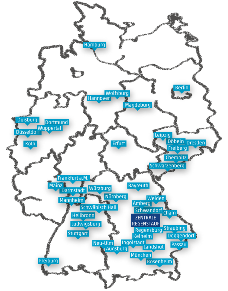 Deutschlandkarte mit vielen markierten Standorten der Eckert Schulen – Zentrale in Regenstauf hervorgehoben