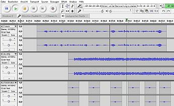 Aufgenommen wurde über das kostenlose Programm Audacity. Jede Sprachaufnahme und jedes Geräusch eine Spur, insgesamt waren es 204 Spuren.