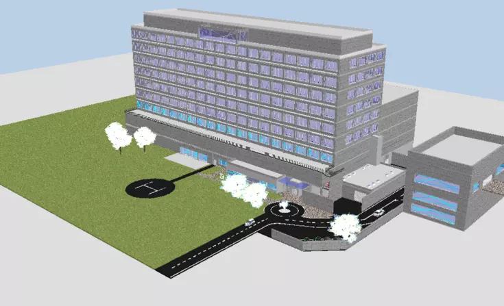Ein 3D-Modell zeigt die Vision der angehenden Staatlich geprüften Bautechniker für die neue Notaufnahme des Leopoldina Krankenhauses Schweinfurt