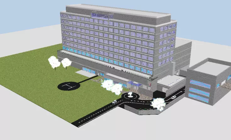 Ein 3D-Modell zeigt die Vision der angehenden Staatlich geprüften Bautechniker für die neue Notaufnahme des Leopoldina Krankenhauses Schweinfurt Ein 3D-Modell zeigt die Vision der angehenden Staatlich geprüften Bautechniker für die neue Notaufnahme des Leopoldina Krankenhauses Schweinfurt
