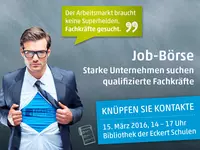 Ein Forum für Arbeitgeber und Jobsuchende: Zur Jobbörse am 15. März 2016 erwartet die Besucher ein umfassendes Aufgebot an Ausstellern – erstmals stellen über 50 Unternehmen ihre Stellenangebote vor. Ein Forum für Arbeitgeber und Jobsuchende: Zur Jobbörse am 15. März 2016 erwartet die Besucher ein umfassendes Aufgebot an Ausstellern – erstmals stellen über 50 Unternehmen ihre Stellenangebote vor.