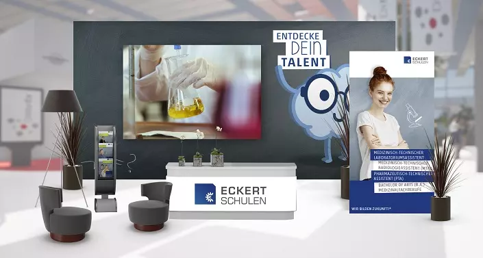 Am virtuellen Stand der Eckert Schulen können die Teilnehmer die Erstausbildung an den Medizinischen Schulen kennenlernen und im Live-Chat Fragen stellen. Am virtuellen Stand der Eckert Schulen können die Teilnehmer die Erstausbildung an den Medizinischen Schulen kennenlernen und im Live-Chat Fragen stellen.