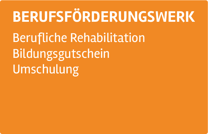 Informationsgrafik Berufsförderungswerk für Info-Tage Orangefarbene Informationsgrafik mit den Begriffen „Berufsförderungswerk“, „Berufliche Rehabilitation“, „Bildungsgutschein“ und „Umschulung“.